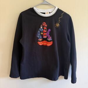 Y2K Halloween Sweatshirt Witches Hats Pumpkins Spider Black Long Sleeve XXL